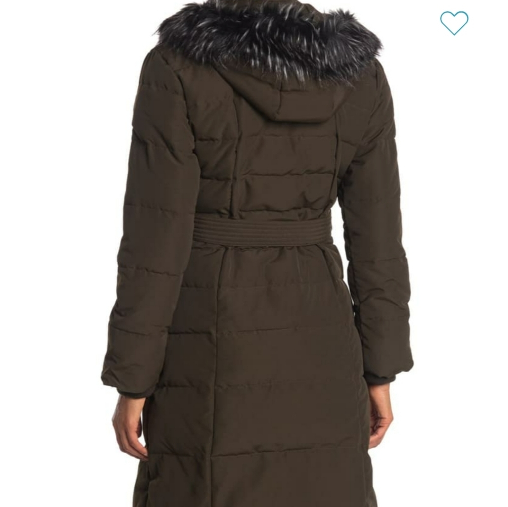Kensi Maxi Belted Puffer Jacket with faux fur hood Designer Knee Length Jacket